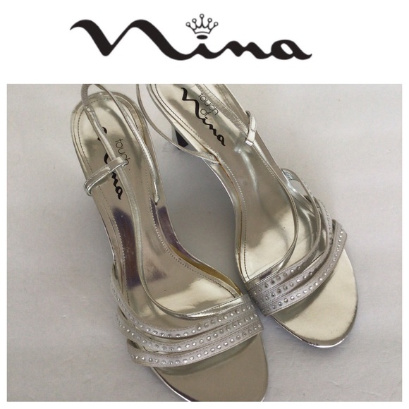 NINA METALLIC SILVER STRAPPY RHINESTONE HEELS SIZE 9 - Picture 1 of 14